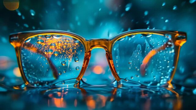 Closeup of eyeglasses with water droplets on the lenses reflecting a blurred background with bokeh lights 4k video