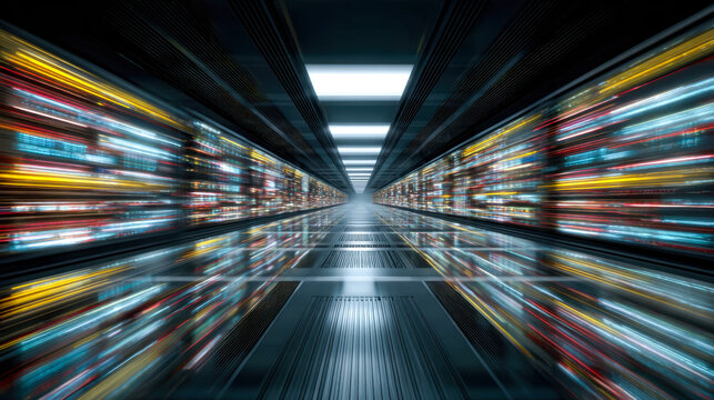 Futuristic data storage corridor with dynamic light trails and reflective surfaces