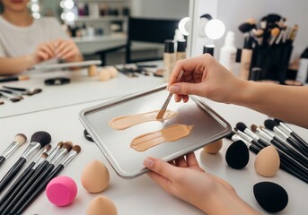 A woman makeup artist mixing foundation shades on a palette for cosmetic application at a beauty salon. Professional beauty and skin tone correction concept.