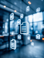 Fototapeta premium Digital document icons floating in futuristic office environment symbolizing cloud storage and seamless data management in modern business settings