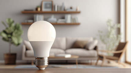 Modern LED light bulb standing on wooden table in cozy living room with neutral tones, minimalist furniture and natural light.