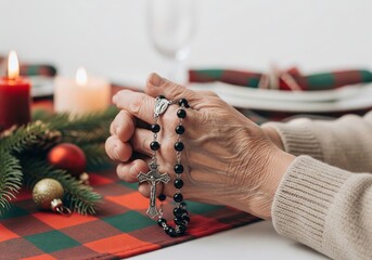 Elderly woman hand holding a rosary and praying on a Christmas table with candles and decoration. Spiritual reflection and devotion for holiday.
