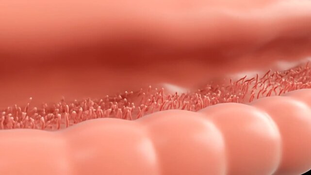 Macro View Of Pink Intestinal Villi With Delicate Red Hairs In Digestive System In Soft Lighting Detailed Medical Illustration