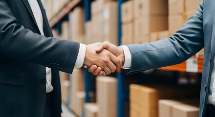 Two Businessmen Shake Hands in Warehouse Among Shelves of Packages