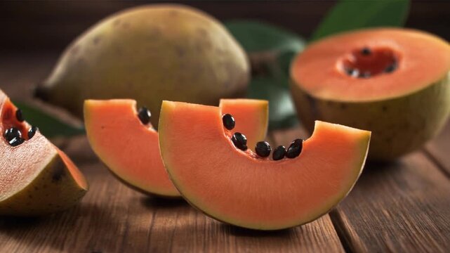 Fresh sapodilla slices glistening on rustic wood, inviting a taste of the tropics, perfect for healthy eating videos and exotic fruit documentaries