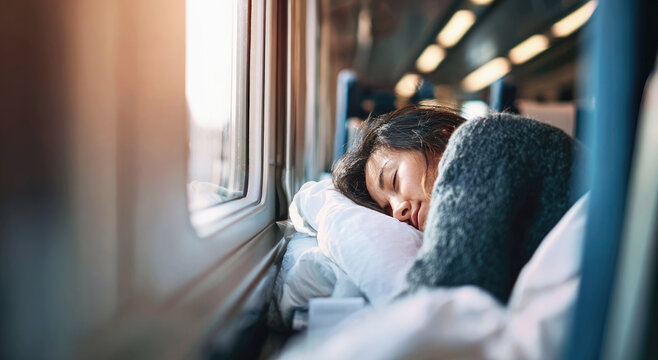 Woman sleeping peacefully against window on a train, bathed in warm sunlight, capturing relaxation, travel and quiet moments in transit. - Powered by Adobe