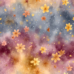 Ethereal seamless watercolor pattern featuring small, simple stylized flowers and starburst shapes in gold, orange, and coral, scattered across an abstract wash of smoky grey-blue, deep magenta