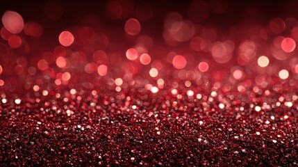 Close-up sparkling red glitter surface with warm ambient glow, shallow depth of field creating a festive atmosphere for holiday celebrations and joyful moments