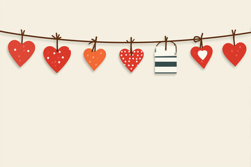 Simple, festive illustration featuring a garland of stylized, patterned red and orange hearts, along with a striped gift tag, all clipped to a horizontal twine line.