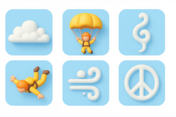 Playful cartoon parachute icons set with sky and peace symbols for design