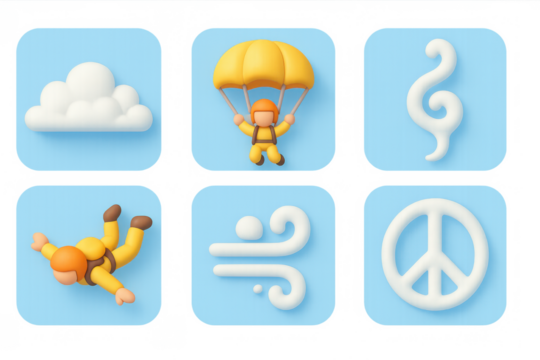 Playful cartoon parachute icons set with sky and peace symbols for design