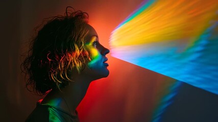 Side profile of a young woman with colorful light shining on her face and the wall behind her 4k video - Powered by Adobe