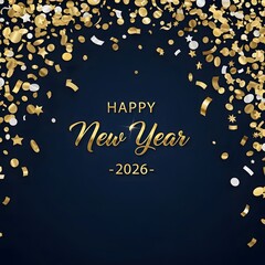 Naklejka premium Happy new year 2026 gold confetti celebration dark blue background