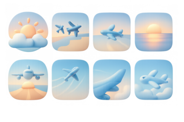 Sunrise flight icon set featuring airplane illustrations and scenic views for design projects