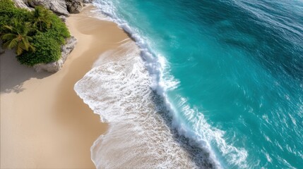 Aerial view of gentle turquoise waves lapping against a pristine white sand beach at sunrise.