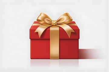 Fototapeta premium Red Christmas gift box with a gold ribbon and bow is a festive holiday decoration and present object for celebration