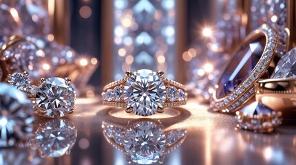 Fototapeta premium Sparkling diamond rings and jewelry on luxury display