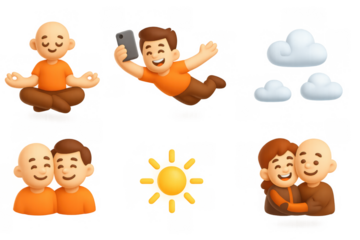 Simple icons of skydiving, meditation, friendship, and love with sun and cloud elements