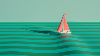 Minimalist sailboat on teal wavy ocean under pale sky