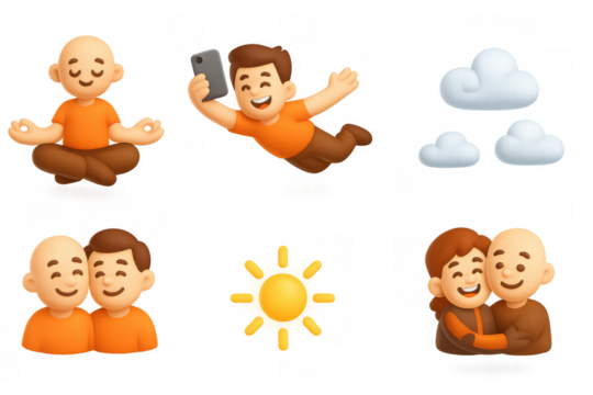 Simple icons of skydiving, meditation, friendship, and love with sun and cloud elements