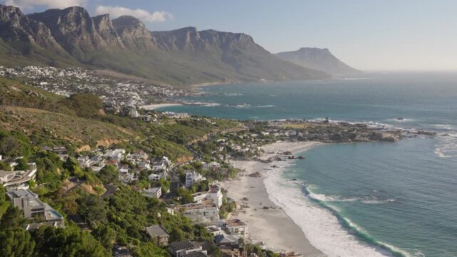 View of the Atlantic Seaboard from The Rock view site at Bantry Bay showing Clifton Beach, Camps Bay and the 12 Apostles. Cape Town. Western Cape. South Africa. 30fps footage captured in 4k 60p.