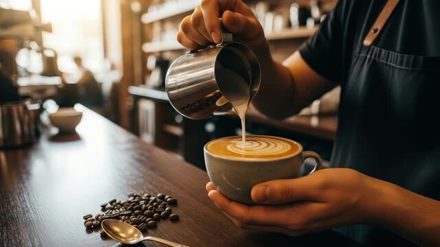 Barista pouring steamed milk into espresso creating latte art rosetta pattern in a cozy cafe with coffee