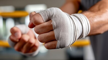 Fototapeta premium Close-up of a boxer's fists wrapped in tape, landing a punch during a gym sparring session. 