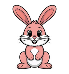 Fototapeta premium Illustration of a pink cartoon bunny with long ears sitting upright smiling