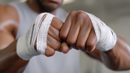 Close-up of a boxer's fists wrapped in tape, landing a punch during a gym sparring session. 