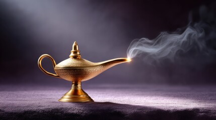 A glowing magic lamp emitting golden smoke on a velvet purple background in a dimly lit studio.