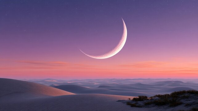 A glowing crescent moon hangs low over a calm desert horizon, with soft purple twilight hues. 