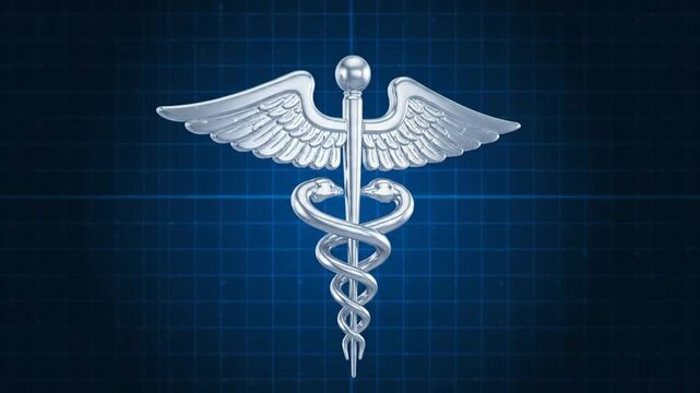 Silver Caduceus Medical Symbol With Wings And Snakes On A Dark Blue Digital Grid Background With Light Effects