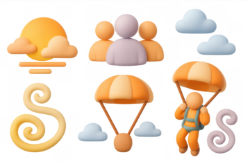 Parachuting icons set with colorful figures and clouds for design use