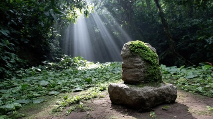 A moss-covered stone idol stands in a jungle clearing on a tropical island, with rays of light piercing the canopy. 