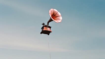 Antique gramophone floating mysteriously against a clear blue sky