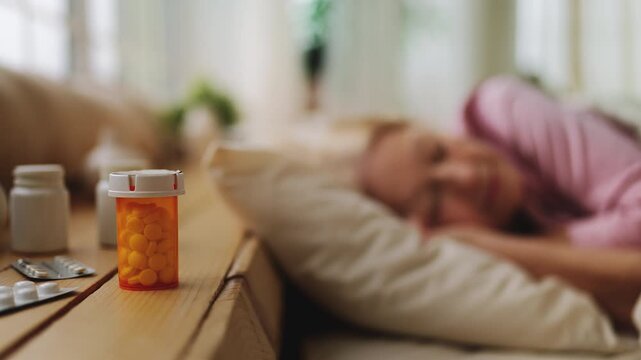 Senior woman sleeping in bed after taking antidepressants, healthy rest