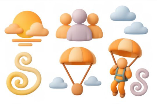 Parachuting icons set with colorful figures and clouds for design use