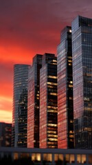 A row of skyscrapers with scattered illuminated windows, their glass facades mirroring a fiery red evening sky. 