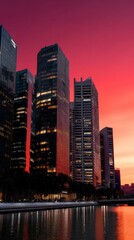 A row of skyscrapers with scattered illuminated windows, their glass facades mirroring a fiery red evening sky. 