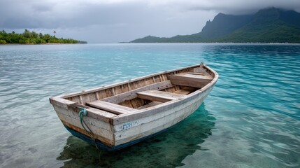 A rustic boat with faded paint bobbing in a misty tropical sea