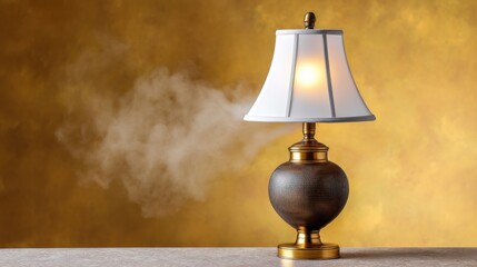 A rustic bronze lamp with ethereal white vapor on a textured gold studio background. 