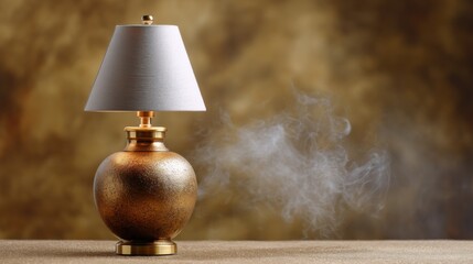 A rustic bronze lamp with ethereal white vapor on a textured gold studio background. 