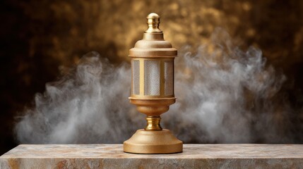 A rustic bronze lamp with ethereal white vapor on a textured gold studio background. 