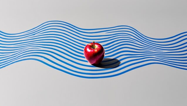 Red apple on wavy blue striped background - Powered by Adobe