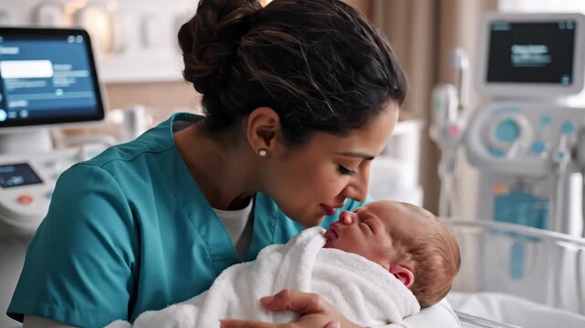Compassionate nurse holding newborn baby symbolizing medical care and maternal health advertising