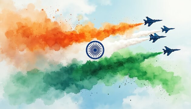 Watercolor illustration of Republic Day India theme. Airplanes fly leaving trails in Indian flag colours. Ashoka Chakra represents progress, rightness. Patriotic banner art. Indian holiday