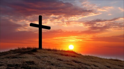 A simple wooden cross stands atop a grassy hill, silhouetted against a vibrant sunrise. 