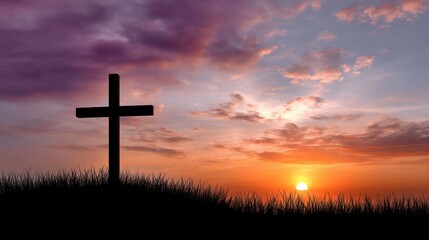 A simple wooden cross stands atop a grassy hill, silhouetted against a vibrant sunrise.