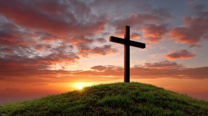 A simple wooden cross stands atop a grassy hill, silhouetted against a vibrant sunrise. 