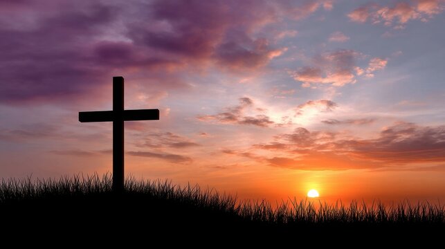 A simple wooden cross stands atop a grassy hill, silhouetted against a vibrant sunrise. - Powered by Adobe